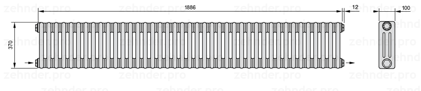 Схема (чертеж) Радиатор Zehnder Charleston 3037/41 №2670 Белый глянцевый RAL 9016
